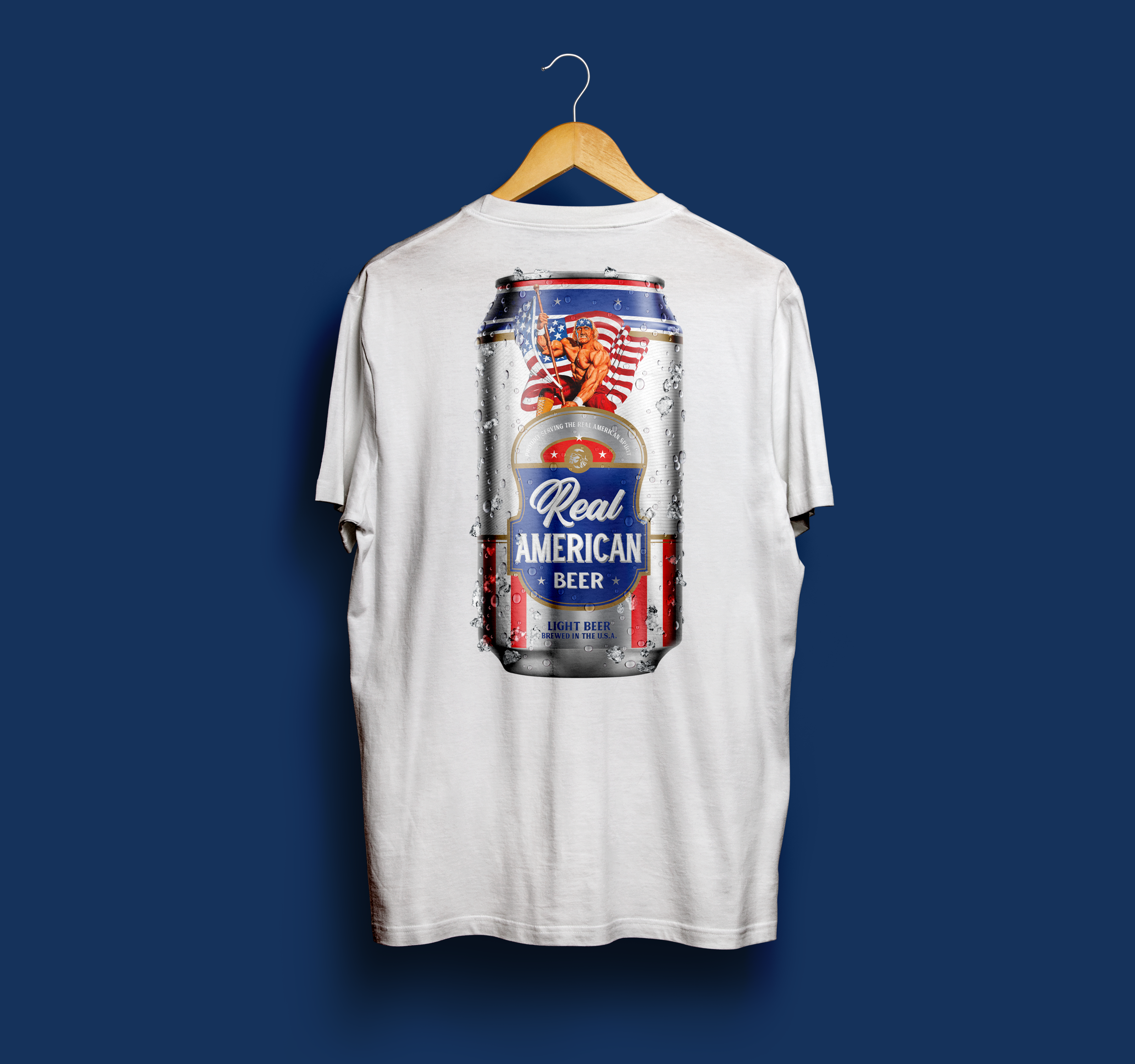 Back – Large beer can on white shirt